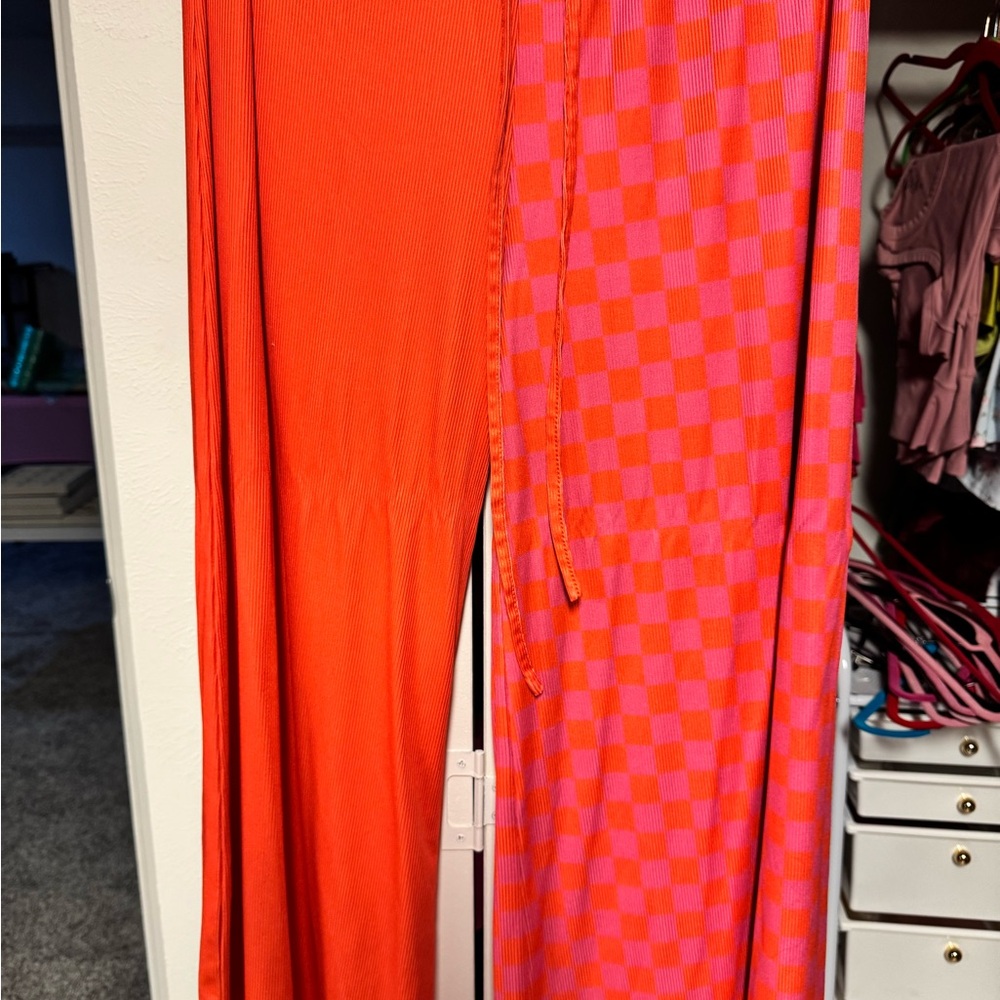 Women’s Bright Orange & Pink Checkered Wide-Leg Jumpsuit